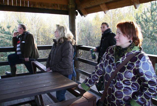 Participants of the study tour in the birdwatching tower of Dviete floodplain. Photo: I.Priedniece.
