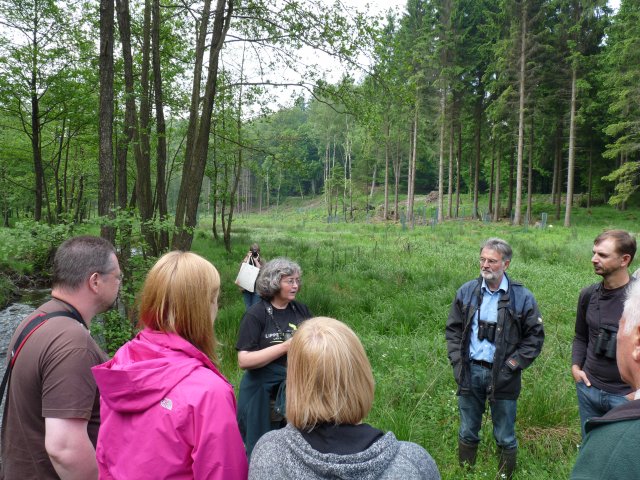 Projekta pārstāvji ieskicē mežu atjaunošanas vīziju aizsargājamā teritorijā Arnsberger Wald. Foto: K.Lapiņš.